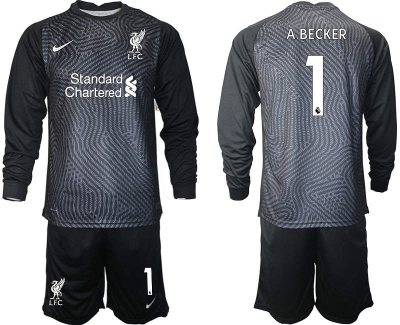 2021 Men Liverpool black long sleeve goalkeeper #1 soccer jerseys->youth soccer jersey->Youth Jersey